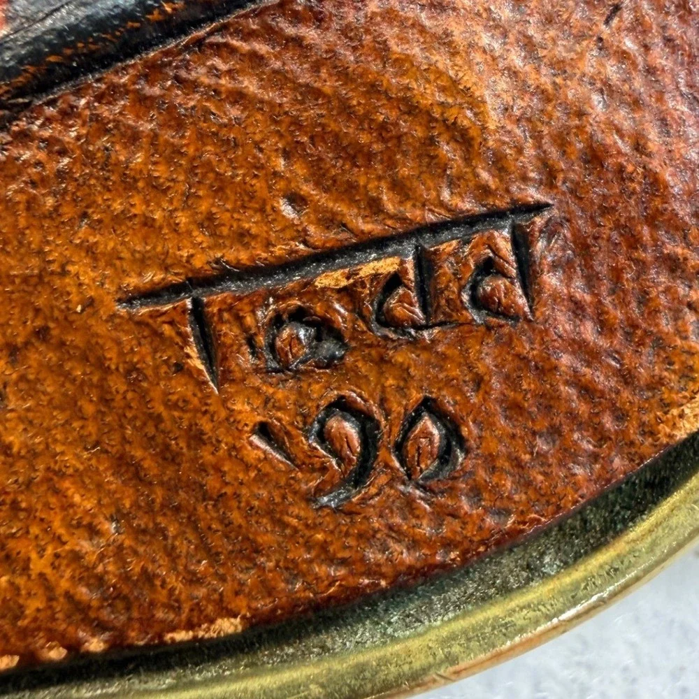 Vintage 1990 Todd Handcrafted Leather 1937 Car Solid Brass Belt Buckle Red Car